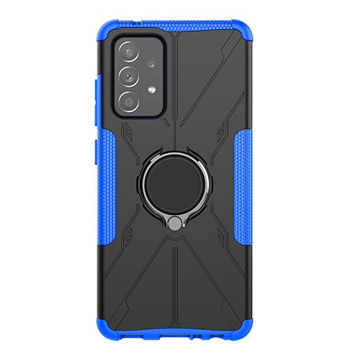 Silicone Matte Finish and Plastic Back Cover Case with Magnetic Finger Ring Stand JX1 for Samsung Galaxy A52 5G Blue