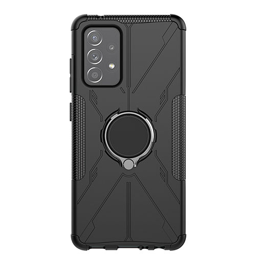 Silicone Matte Finish and Plastic Back Cover Case with Magnetic Finger Ring Stand JX1 for Samsung Galaxy A52s 5G Black