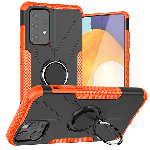Silicone Matte Finish and Plastic Back Cover Case with Magnetic Finger Ring Stand JX1 for Samsung Galaxy A72 4G Orange