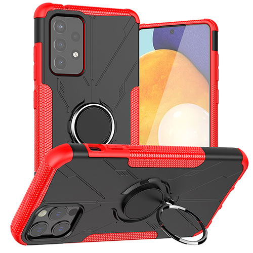 Silicone Matte Finish and Plastic Back Cover Case with Magnetic Finger Ring Stand JX1 for Samsung Galaxy A72 5G Red