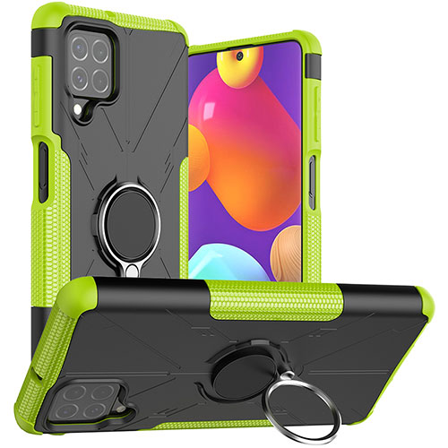 Silicone Matte Finish and Plastic Back Cover Case with Magnetic Finger Ring Stand JX1 for Samsung Galaxy F62 5G Green