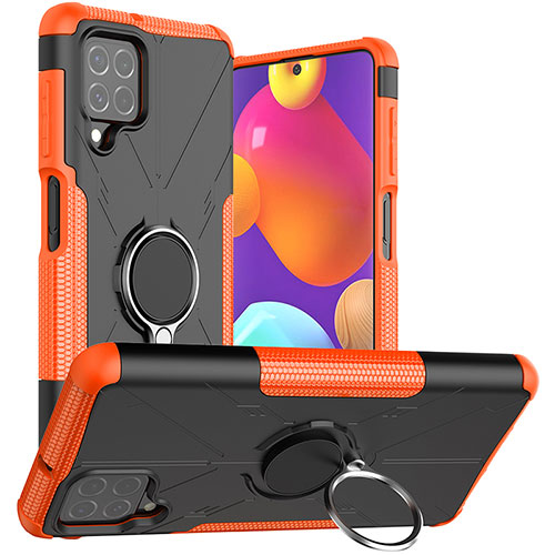 Silicone Matte Finish and Plastic Back Cover Case with Magnetic Finger Ring Stand JX1 for Samsung Galaxy M62 4G Orange