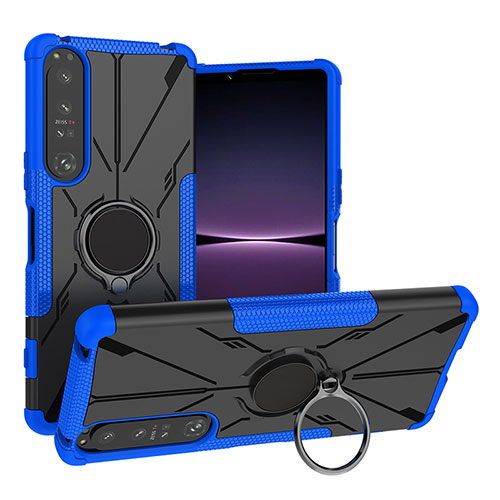 Silicone Matte Finish and Plastic Back Cover Case with Magnetic Finger Ring Stand JX1 for Sony Xperia 1 IV Blue