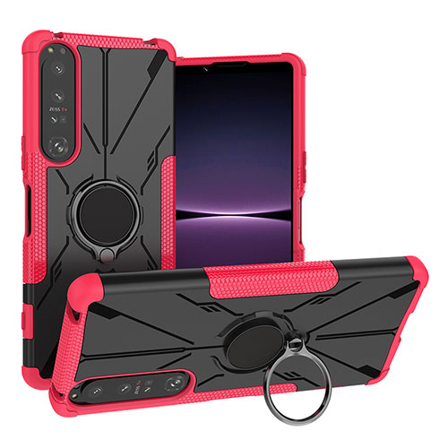 Silicone Matte Finish and Plastic Back Cover Case with Magnetic Finger Ring Stand JX1 for Sony Xperia 1 IV Hot Pink