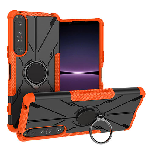 Silicone Matte Finish and Plastic Back Cover Case with Magnetic Finger Ring Stand JX1 for Sony Xperia 1 IV Orange