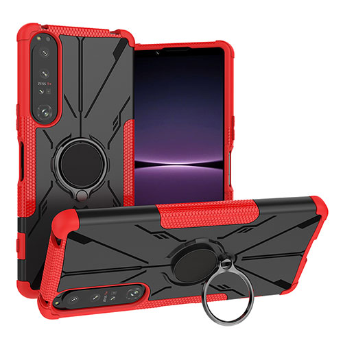 Silicone Matte Finish and Plastic Back Cover Case with Magnetic Finger Ring Stand JX1 for Sony Xperia 1 IV Red
