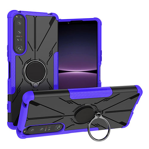 Silicone Matte Finish and Plastic Back Cover Case with Magnetic Finger Ring Stand JX1 for Sony Xperia 1 IV SO-51C Purple