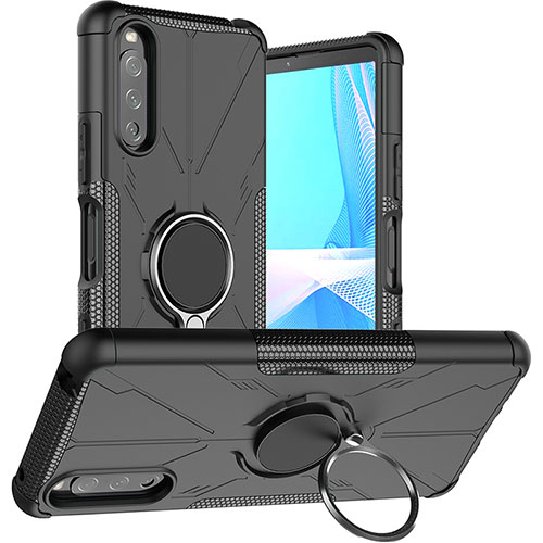 Silicone Matte Finish and Plastic Back Cover Case with Magnetic Finger Ring Stand JX1 for Sony Xperia 10 III Lite Black