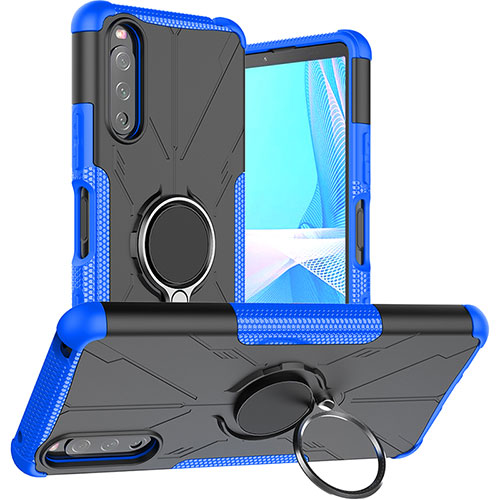 Silicone Matte Finish and Plastic Back Cover Case with Magnetic Finger Ring Stand JX1 for Sony Xperia 10 III Lite Blue