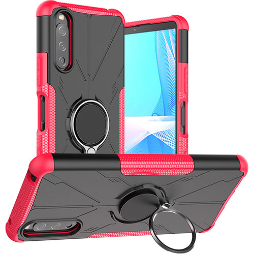 Silicone Matte Finish and Plastic Back Cover Case with Magnetic Finger Ring Stand JX1 for Sony Xperia 10 III Lite Hot Pink