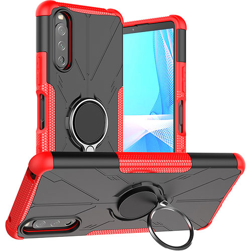 Silicone Matte Finish and Plastic Back Cover Case with Magnetic Finger Ring Stand JX1 for Sony Xperia 10 III Lite Red