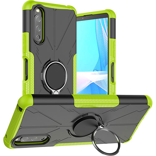 Silicone Matte Finish and Plastic Back Cover Case with Magnetic Finger Ring Stand JX1 for Sony Xperia 10 III SO-52B Green