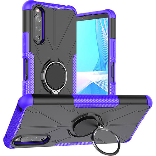 Silicone Matte Finish and Plastic Back Cover Case with Magnetic Finger Ring Stand JX1 for Sony Xperia 10 III SO-52B Purple