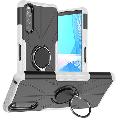 Silicone Matte Finish and Plastic Back Cover Case with Magnetic Finger Ring Stand JX1 for Sony Xperia 10 III SOG04 Silver