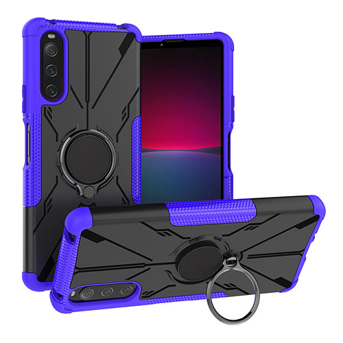 Silicone Matte Finish and Plastic Back Cover Case with Magnetic Finger Ring Stand JX1 for Sony Xperia 10 IV Purple