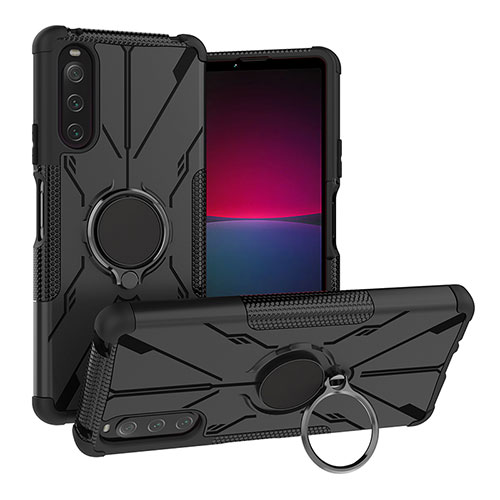 Silicone Matte Finish and Plastic Back Cover Case with Magnetic Finger Ring Stand JX1 for Sony Xperia 10 IV SOG07 Black