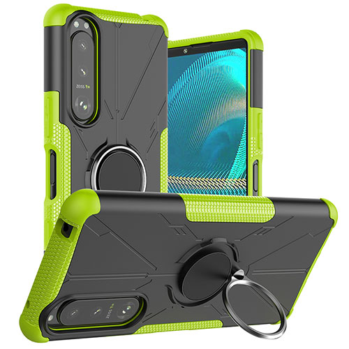 Silicone Matte Finish and Plastic Back Cover Case with Magnetic Finger Ring Stand JX1 for Sony Xperia 5 III Green