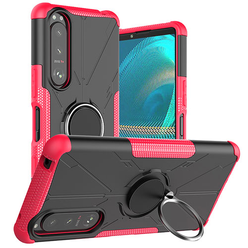 Silicone Matte Finish and Plastic Back Cover Case with Magnetic Finger Ring Stand JX1 for Sony Xperia 5 III Hot Pink