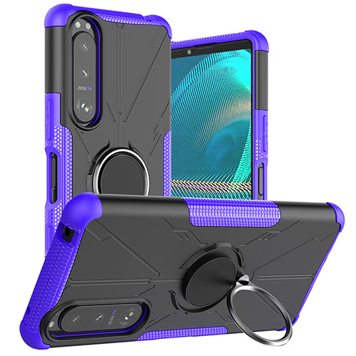 Silicone Matte Finish and Plastic Back Cover Case with Magnetic Finger Ring Stand JX1 for Sony Xperia 5 III Purple