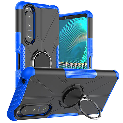 Silicone Matte Finish and Plastic Back Cover Case with Magnetic Finger Ring Stand JX1 for Sony Xperia 5 III SO-53B Blue