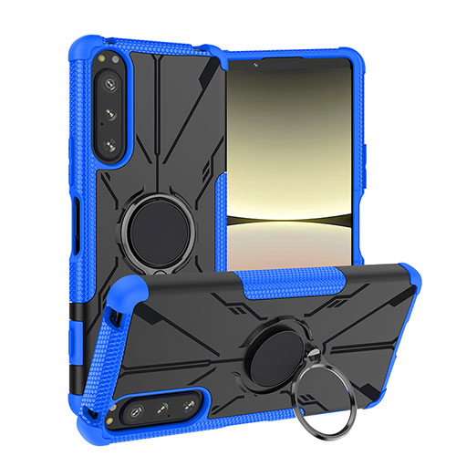 Silicone Matte Finish and Plastic Back Cover Case with Magnetic Finger Ring Stand JX1 for Sony Xperia 5 IV Blue