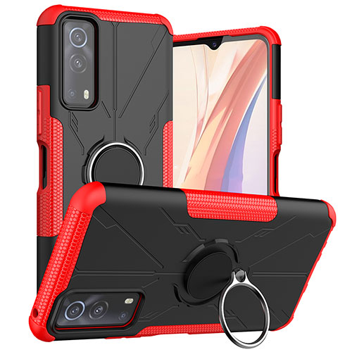 Silicone Matte Finish and Plastic Back Cover Case with Magnetic Finger Ring Stand JX1 for Vivo iQOO Z3 5G Red