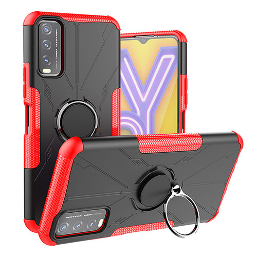 Silicone Matte Finish and Plastic Back Cover Case with Magnetic Finger Ring Stand JX1 for Vivo Y11s Red