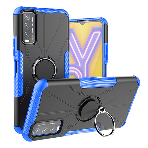 Silicone Matte Finish and Plastic Back Cover Case with Magnetic Finger Ring Stand JX1 for Vivo Y12G Blue