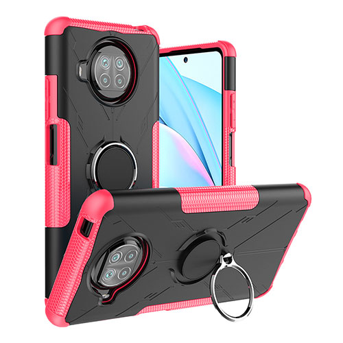 Silicone Matte Finish and Plastic Back Cover Case with Magnetic Finger Ring Stand JX1 for Xiaomi Mi 10i 5G Hot Pink