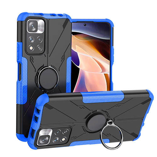 Silicone Matte Finish and Plastic Back Cover Case with Magnetic Finger Ring Stand JX1 for Xiaomi Mi 11i 5G (2022) Blue