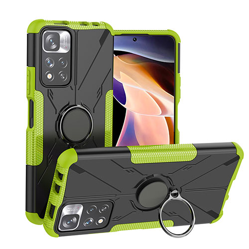 Silicone Matte Finish and Plastic Back Cover Case with Magnetic Finger Ring Stand JX1 for Xiaomi Mi 11i 5G (2022) Green