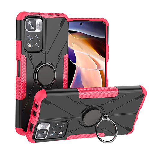 Silicone Matte Finish and Plastic Back Cover Case with Magnetic Finger Ring Stand JX1 for Xiaomi Mi 11i 5G (2022) Hot Pink