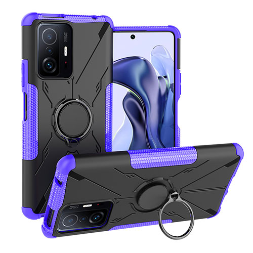 Silicone Matte Finish and Plastic Back Cover Case with Magnetic Finger Ring Stand JX1 for Xiaomi Mi 11T 5G Purple