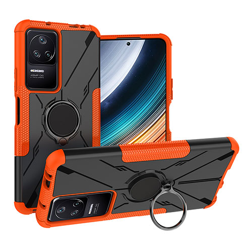 Silicone Matte Finish and Plastic Back Cover Case with Magnetic Finger Ring Stand JX1 for Xiaomi Poco F4 5G Orange