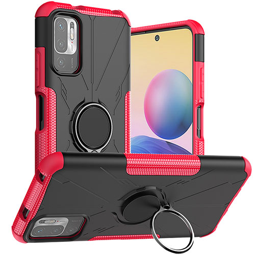 Silicone Matte Finish and Plastic Back Cover Case with Magnetic Finger Ring Stand JX1 for Xiaomi POCO M3 Pro 5G Hot Pink