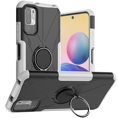 Silicone Matte Finish and Plastic Back Cover Case with Magnetic Finger Ring Stand JX1 for Xiaomi POCO M3 Pro 5G Silver