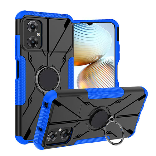 Silicone Matte Finish and Plastic Back Cover Case with Magnetic Finger Ring Stand JX1 for Xiaomi Poco M4 5G Blue