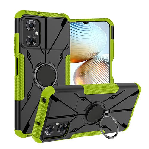 Silicone Matte Finish and Plastic Back Cover Case with Magnetic Finger Ring Stand JX1 for Xiaomi Poco M4 5G Green