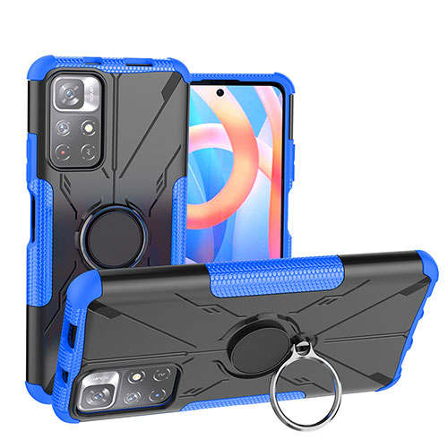 Silicone Matte Finish and Plastic Back Cover Case with Magnetic Finger Ring Stand JX1 for Xiaomi Poco M4 Pro 5G Blue