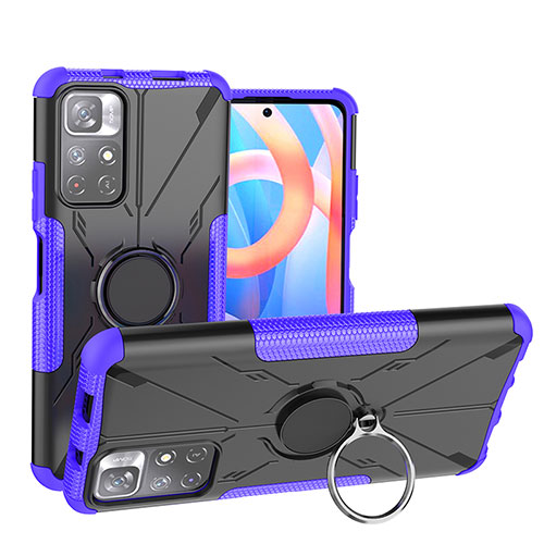 Silicone Matte Finish and Plastic Back Cover Case with Magnetic Finger Ring Stand JX1 for Xiaomi Poco M4 Pro 5G Purple