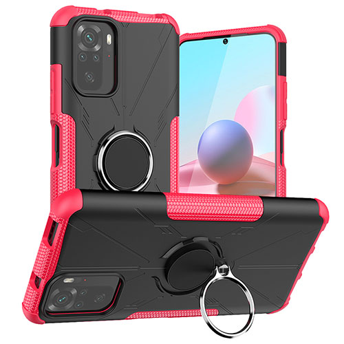 Silicone Matte Finish and Plastic Back Cover Case with Magnetic Finger Ring Stand JX1 for Xiaomi Poco M5S Hot Pink