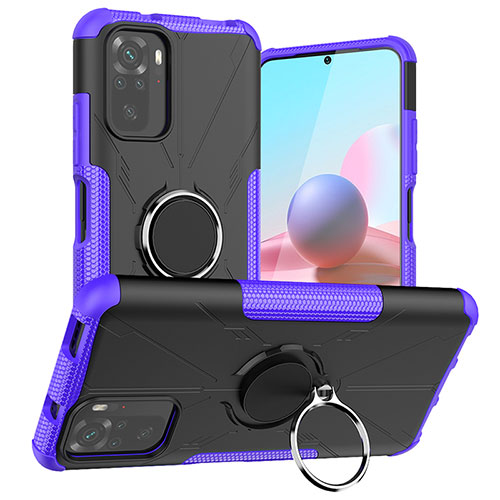 Silicone Matte Finish and Plastic Back Cover Case with Magnetic Finger Ring Stand JX1 for Xiaomi Poco M5S Purple