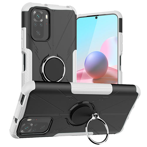 Silicone Matte Finish and Plastic Back Cover Case with Magnetic Finger Ring Stand JX1 for Xiaomi Poco M5S Silver