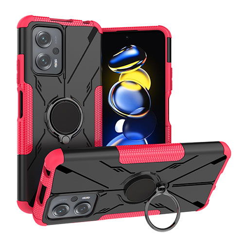 Silicone Matte Finish and Plastic Back Cover Case with Magnetic Finger Ring Stand JX1 for Xiaomi Poco X4 GT 5G Hot Pink