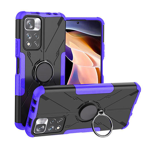 Silicone Matte Finish and Plastic Back Cover Case with Magnetic Finger Ring Stand JX1 for Xiaomi Poco X4 NFC Purple