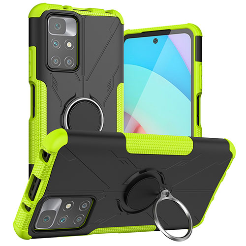 Silicone Matte Finish and Plastic Back Cover Case with Magnetic Finger Ring Stand JX1 for Xiaomi Redmi 10 (2022) Green