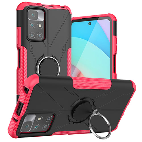 Silicone Matte Finish and Plastic Back Cover Case with Magnetic Finger Ring Stand JX1 for Xiaomi Redmi 10 (2022) Hot Pink