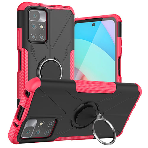 Silicone Matte Finish and Plastic Back Cover Case with Magnetic Finger Ring Stand JX1 for Xiaomi Redmi 10 4G Hot Pink