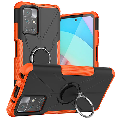 Silicone Matte Finish and Plastic Back Cover Case with Magnetic Finger Ring Stand JX1 for Xiaomi Redmi 10 4G Orange