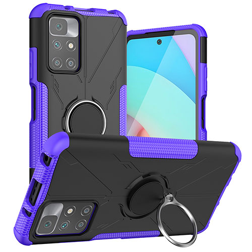 Silicone Matte Finish and Plastic Back Cover Case with Magnetic Finger Ring Stand JX1 for Xiaomi Redmi 10 4G Purple